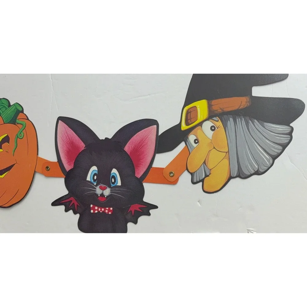Vintage Halloween Jointed Cardboard Banner 5ft Cat Witch Skull Pumpkin Taiwan